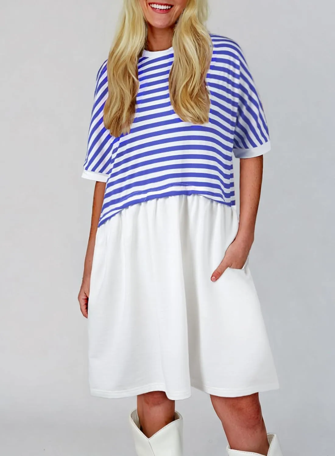 Acelitt Women Casual Summer Short Sleeve Crewneck Striped Dresses Loose Tshirt Dress,S-2XL