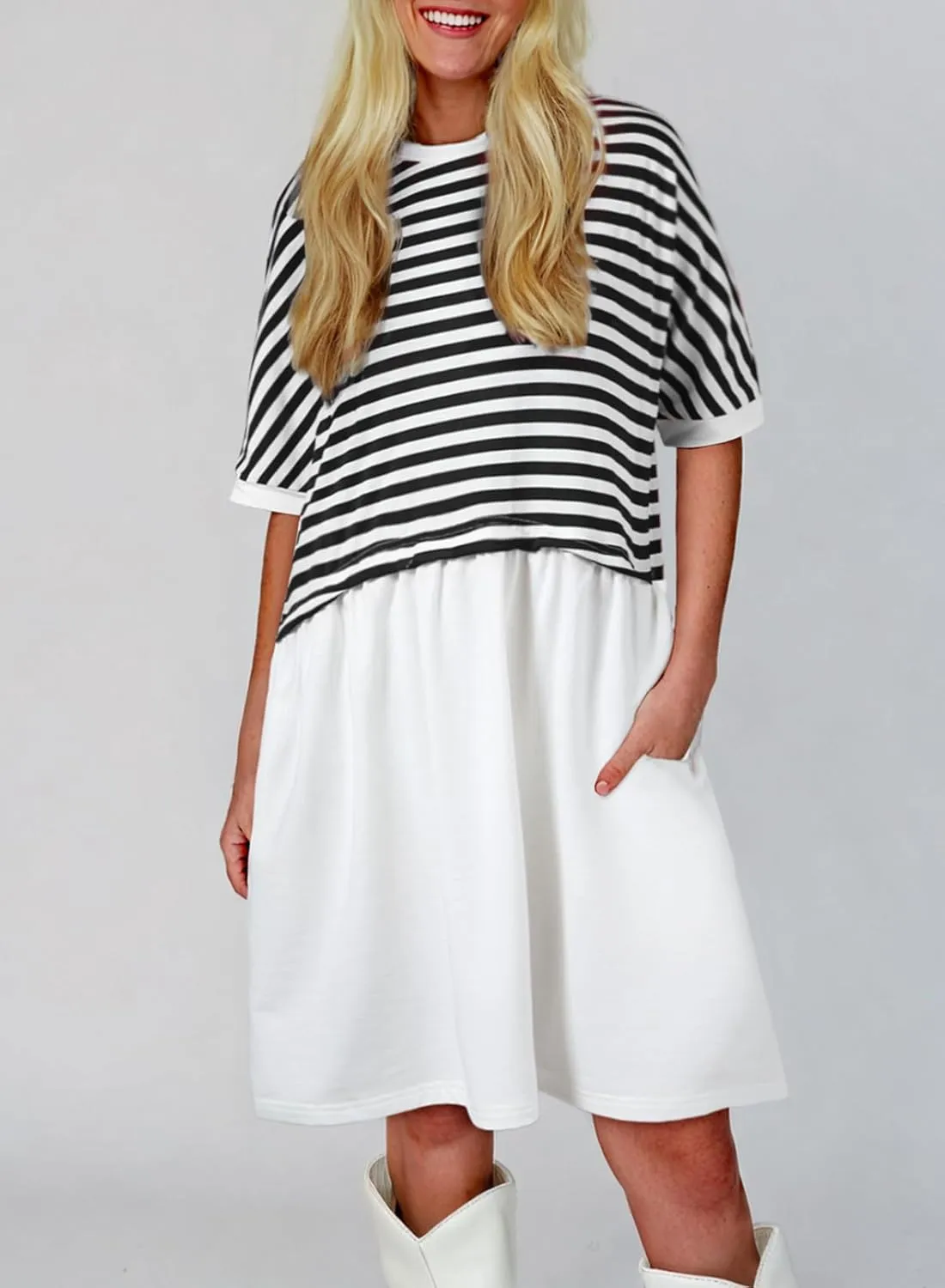 Acelitt Women Casual Summer Short Sleeve Crewneck Striped Dresses Loose Tshirt Dress,S-2XL