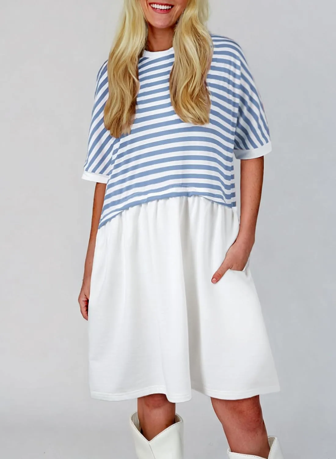 Acelitt Women Casual Summer Short Sleeve Crewneck Striped Dresses Loose Tshirt Dress,S-2XL