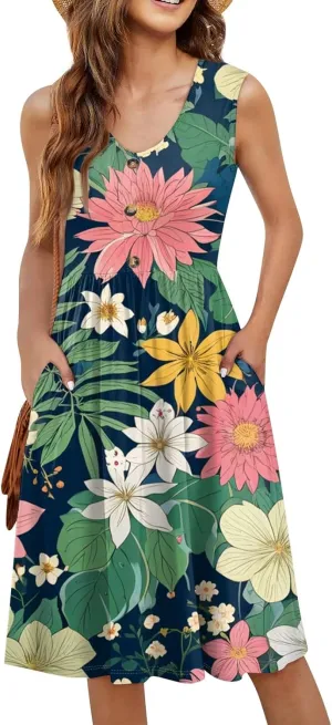ADHOWBEW Sun Dresses for Women 2025 Sexy Flowy V Neck Plus Size Sleeveless Elegant Tropical Print Casual Dresses