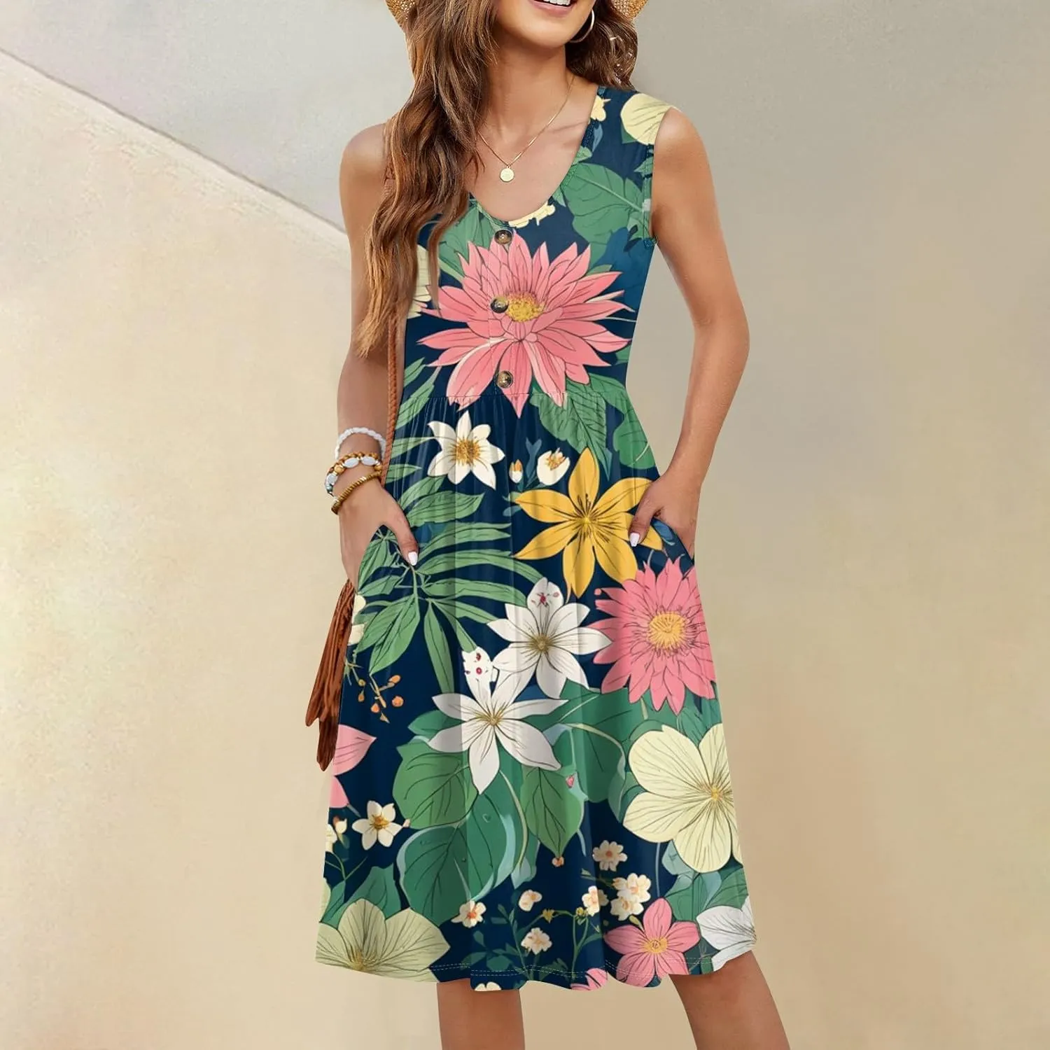 ADHOWBEW Sun Dresses for Women 2025 Sexy Flowy V Neck Plus Size Sleeveless Elegant Tropical Print Casual Dresses