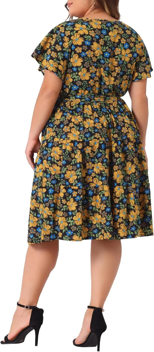 Agnes Orinda Plus Size Midi Dresses for Women Floral Printed V Neck Summer Flared Dress