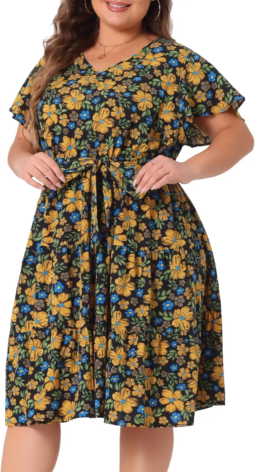 Agnes Orinda Plus Size Midi Dresses for Women Floral Printed V Neck Summer Flared Dress