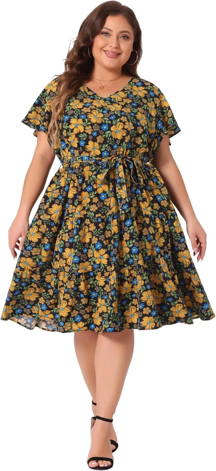 Agnes Orinda Plus Size Midi Dresses for Women Floral Printed V Neck Summer Flared Dress