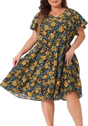 Agnes Orinda Plus Size Midi Dresses for Women Floral Printed V Neck Summer Flared Dress