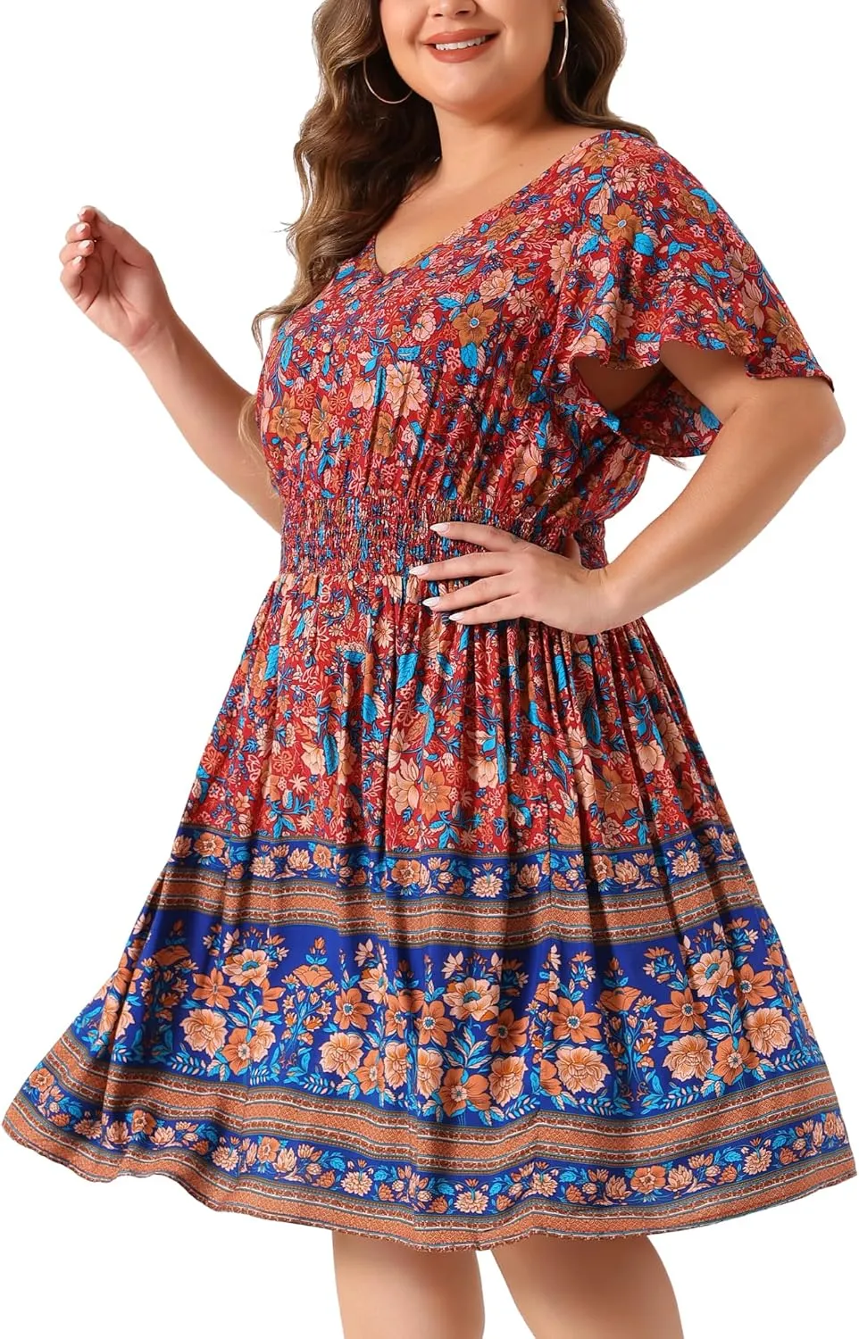 Agnes Orinda Plus Size Midi Dresses for Women Placed Pattern Bohemian Smock Waist V Neck Summer Dress