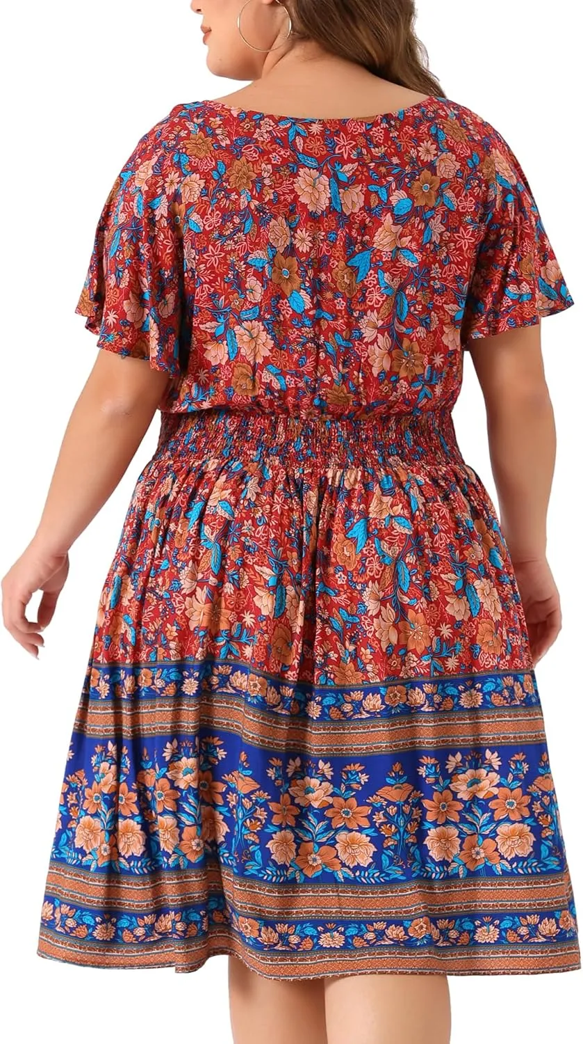 Agnes Orinda Plus Size Midi Dresses for Women Placed Pattern Bohemian Smock Waist V Neck Summer Dress