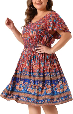 Agnes Orinda Plus Size Midi Dresses for Women Placed Pattern Bohemian Smock Waist V Neck Summer Dress