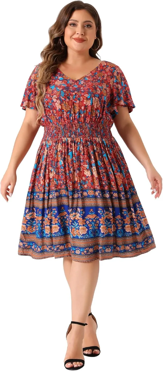 Agnes Orinda Plus Size Midi Dresses for Women Placed Pattern Bohemian Smock Waist V Neck Summer Dress