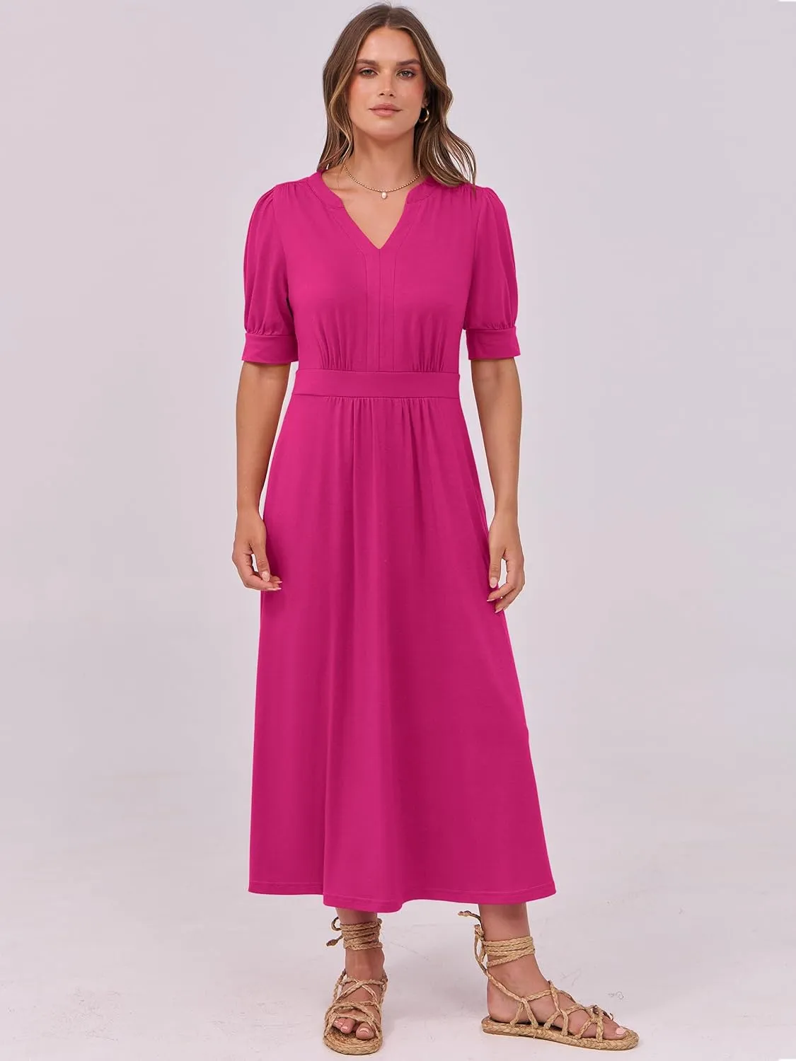 ANRABESS Women Boho Maxi Dresses Summer Short Sleeve V Neck Flowy Swing A-Line Casual Beach Long Dress