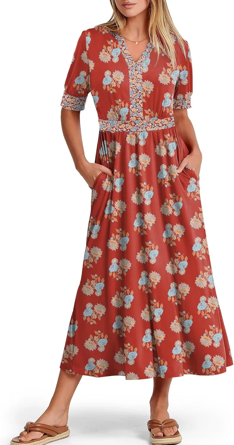 ANRABESS Women Boho Maxi Dresses Summer Short Sleeve V Neck Flowy Swing A-Line Casual Beach Long Dress
