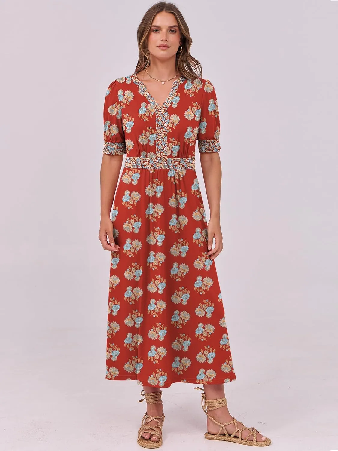 ANRABESS Women Boho Maxi Dresses Summer Short Sleeve V Neck Flowy Swing A-Line Casual Beach Long Dress