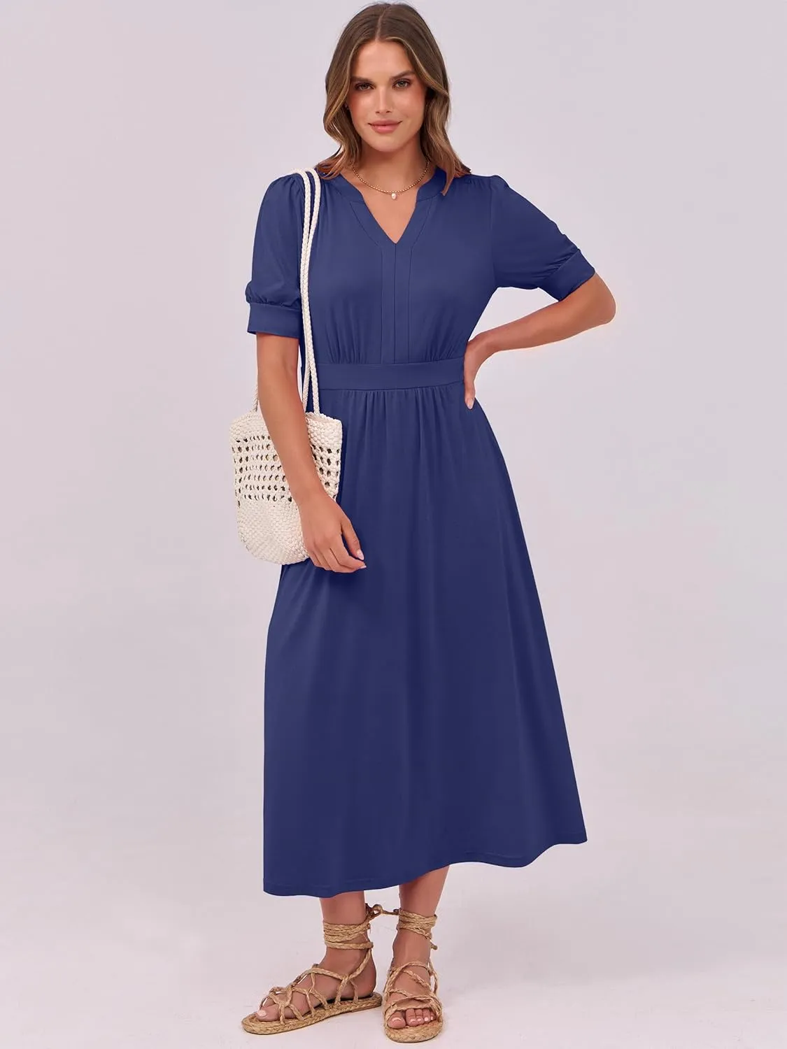 ANRABESS Women Boho Maxi Dresses Summer Short Sleeve V Neck Flowy Swing A-Line Casual Beach Long Dress