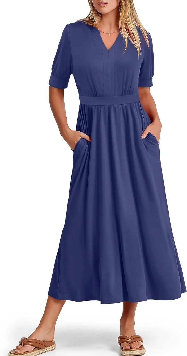 ANRABESS Women Boho Maxi Dresses Summer Short Sleeve V Neck Flowy Swing A-Line Casual Beach Long Dress