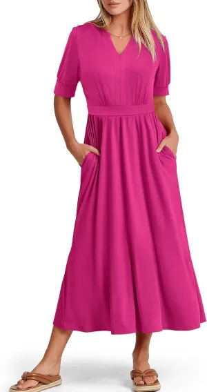 ANRABESS Women Boho Maxi Dresses Summer Short Sleeve V Neck Flowy Swing A-Line Casual Beach Long Dress