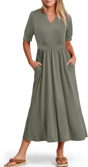 ANRABESS Women Boho Maxi Dresses Summer Short Sleeve V Neck Flowy Swing A-Line Casual Beach Long Dress