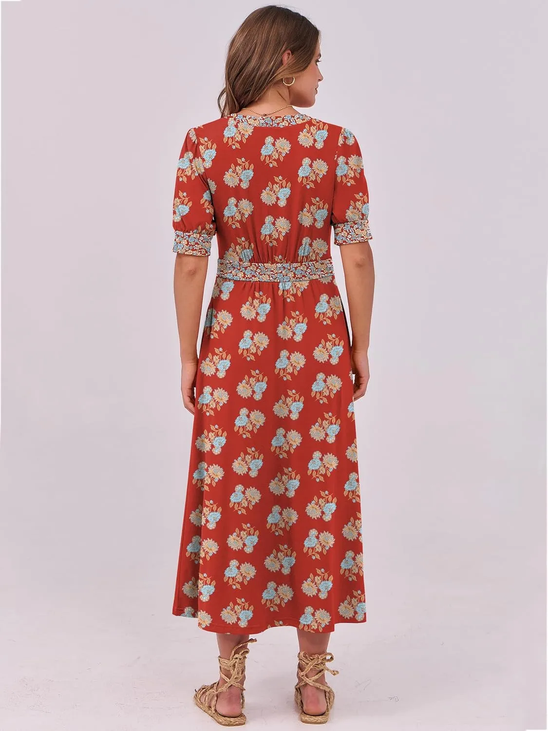 ANRABESS Women Boho Maxi Dresses Summer Short Sleeve V Neck Flowy Swing A-Line Casual Beach Long Dress