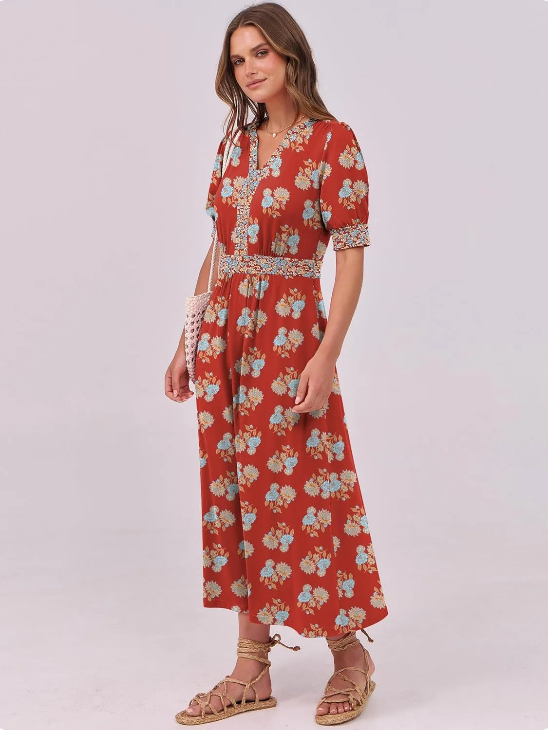 ANRABESS Women Boho Maxi Dresses Summer Short Sleeve V Neck Flowy Swing A-Line Casual Beach Long Dress
