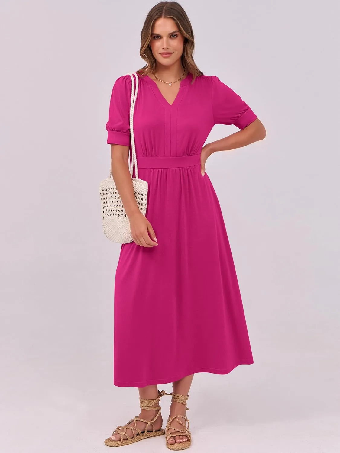 ANRABESS Women Boho Maxi Dresses Summer Short Sleeve V Neck Flowy Swing A-Line Casual Beach Long Dress