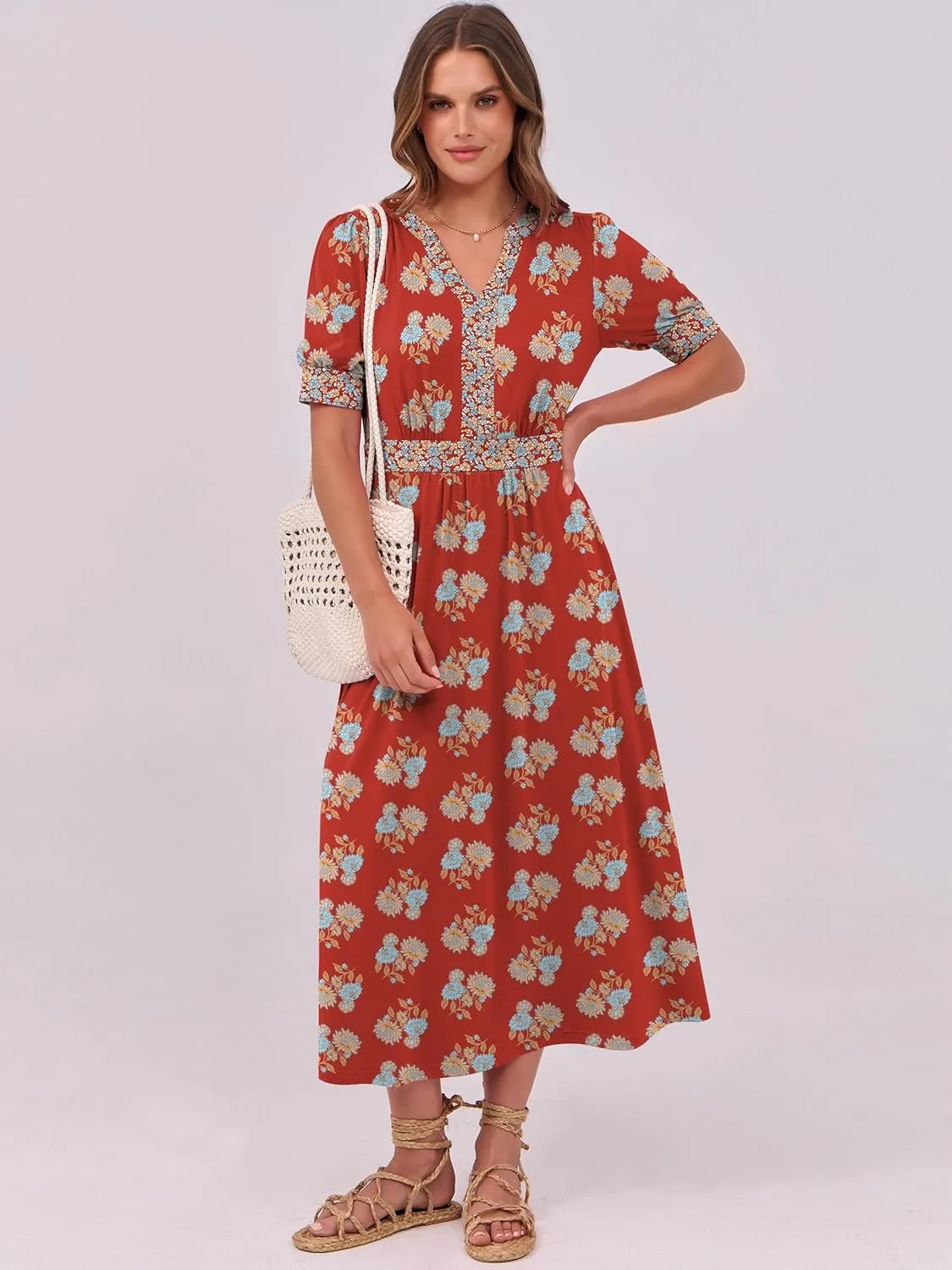 ANRABESS Women Boho Maxi Dresses Summer Short Sleeve V Neck Flowy Swing A-Line Casual Beach Long Dress