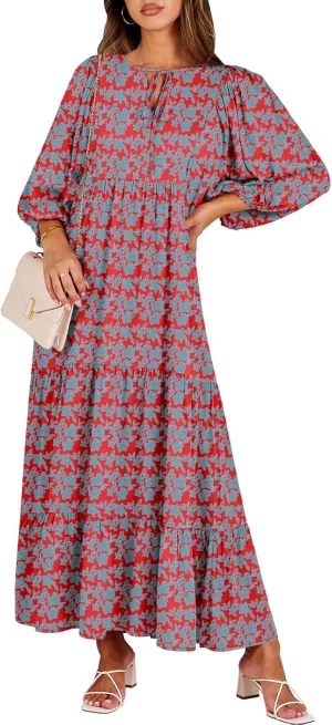 ANRABESS Womens Boho Maxi Dresses 2025 Summer V Neck Puff Sleeve Floral Flowy Swing Casual Long Dress