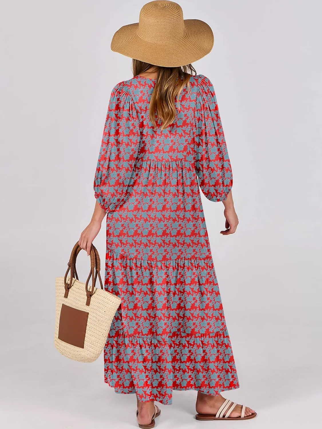 ANRABESS Womens Boho Maxi Dresses 2025 Summer V Neck Puff Sleeve Floral Flowy Swing Casual Long Dress