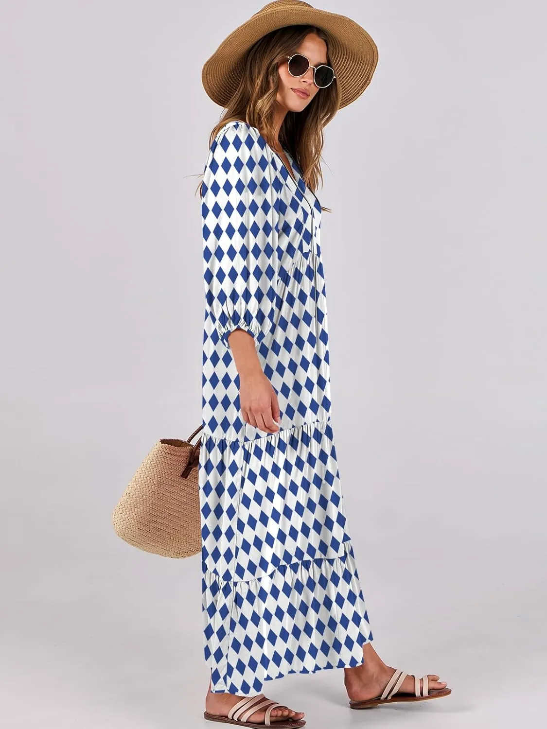 ANRABESS Womens Boho Maxi Dresses 2025 Summer V Neck Puff Sleeve Floral Flowy Swing Casual Long Dress
