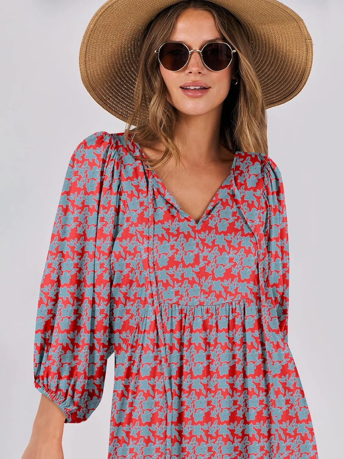 ANRABESS Womens Boho Maxi Dresses 2025 Summer V Neck Puff Sleeve Floral Flowy Swing Casual Long Dress