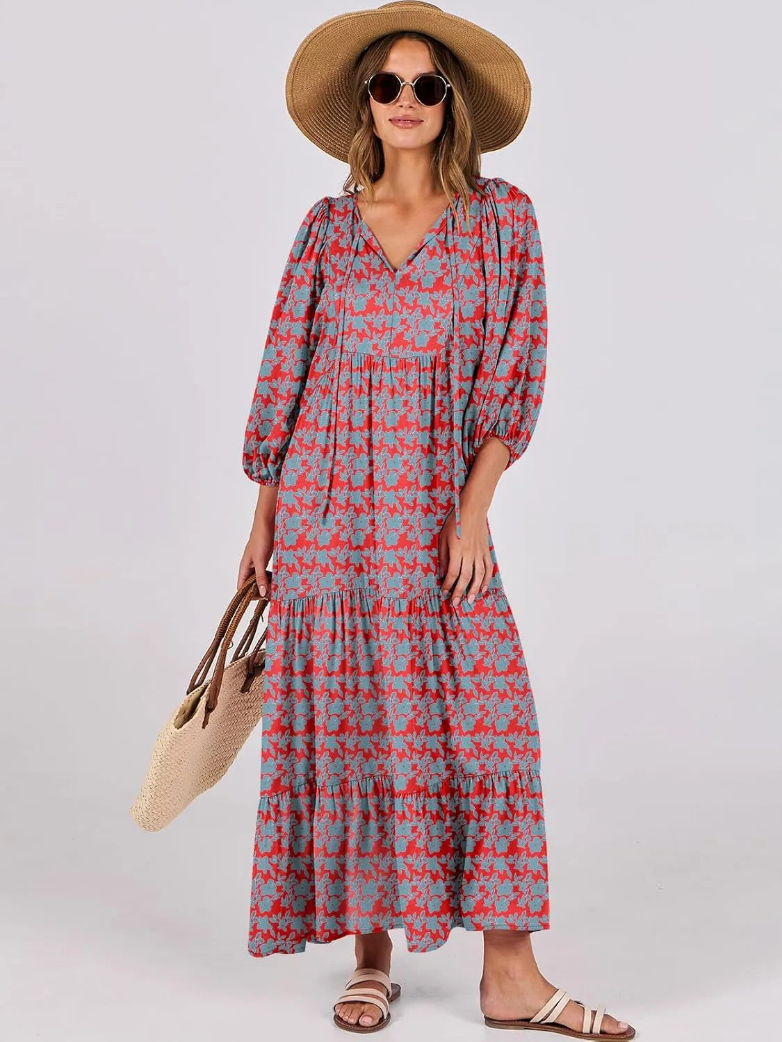 ANRABESS Womens Boho Maxi Dresses 2025 Summer V Neck Puff Sleeve Floral Flowy Swing Casual Long Dress