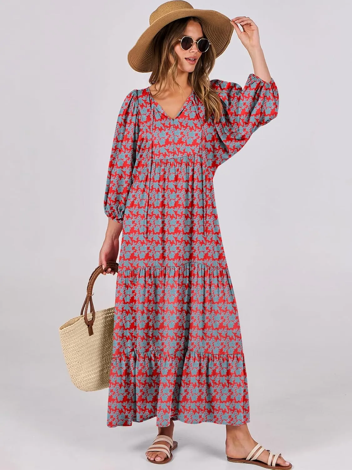 ANRABESS Womens Boho Maxi Dresses 2025 Summer V Neck Puff Sleeve Floral Flowy Swing Casual Long Dress