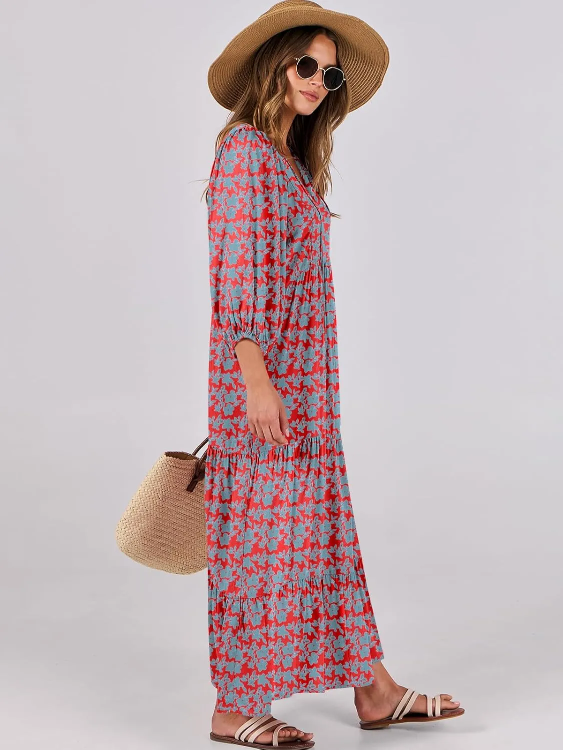 ANRABESS Womens Boho Maxi Dresses 2025 Summer V Neck Puff Sleeve Floral Flowy Swing Casual Long Dress