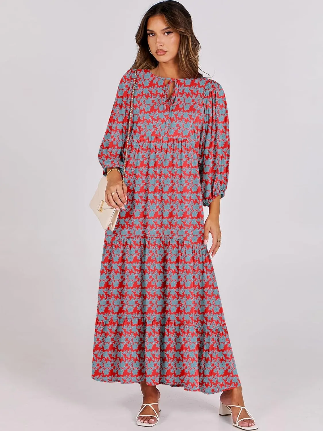 ANRABESS Womens Boho Maxi Dresses 2025 Summer V Neck Puff Sleeve Floral Flowy Swing Casual Long Dress