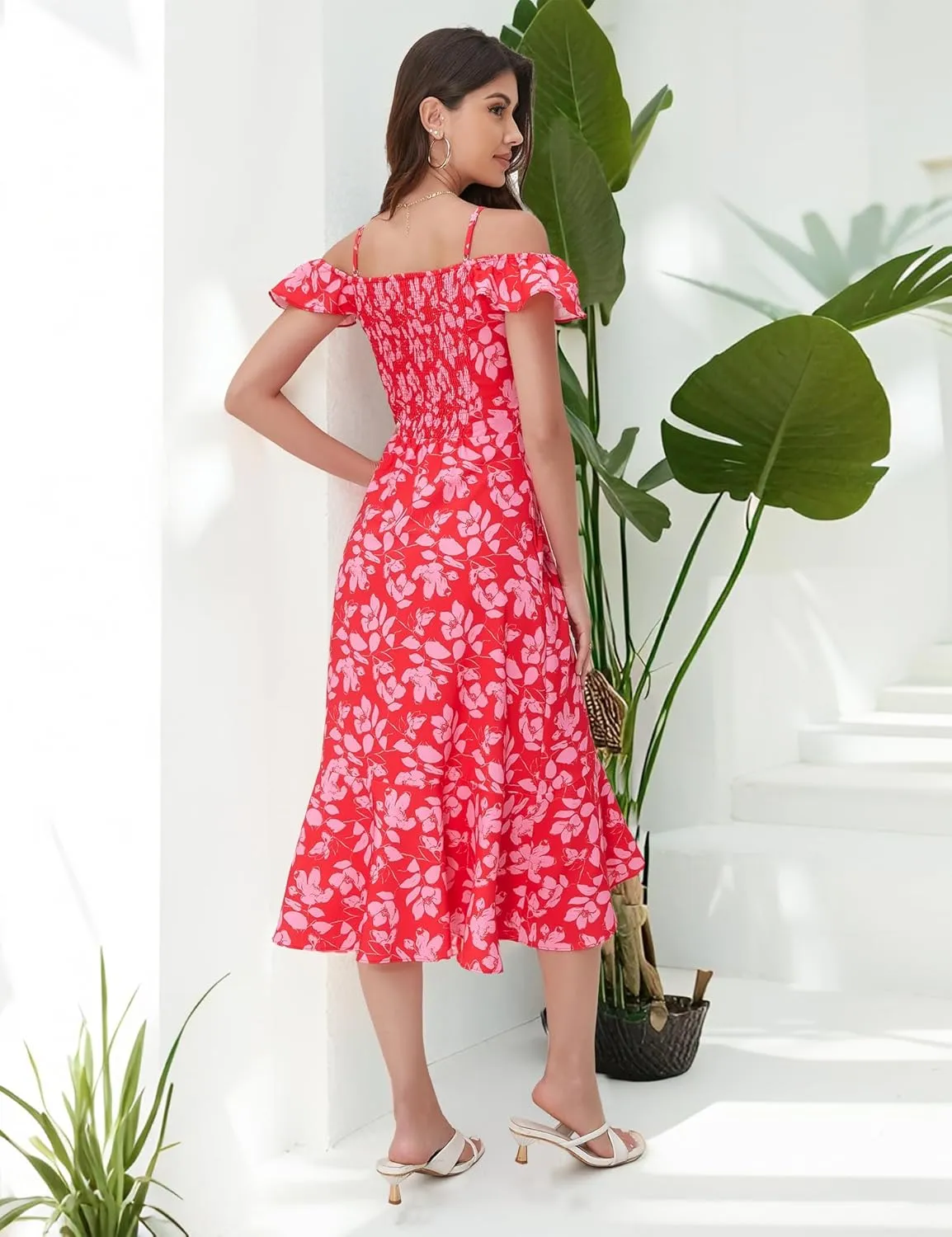 Aupuls Women Off Shoulder Summer Floral Dress 2025 Casual Beach Boho Ruffle Midi Dresses