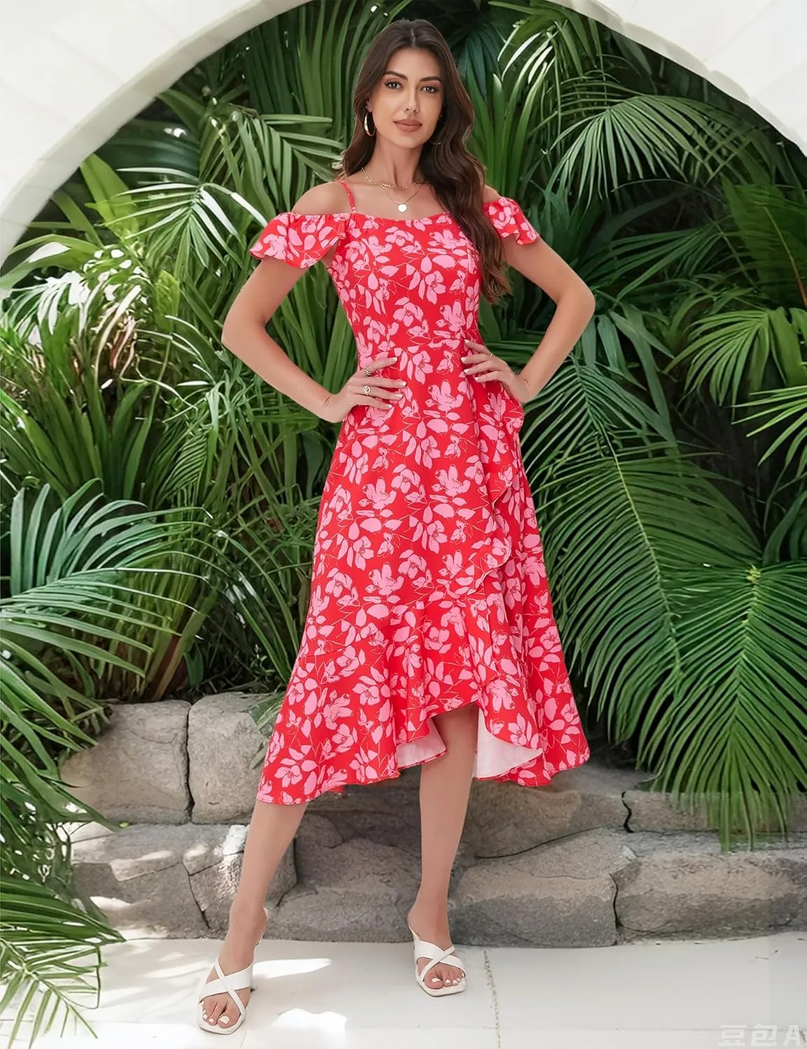 Aupuls Women Off Shoulder Summer Floral Dress 2025 Casual Beach Boho Ruffle Midi Dresses