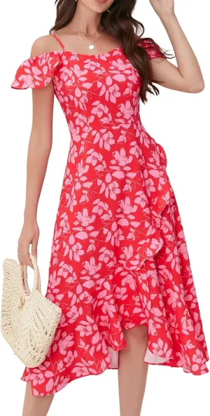 Aupuls Women Off Shoulder Summer Floral Dress 2025 Casual Beach Boho Ruffle Midi Dresses