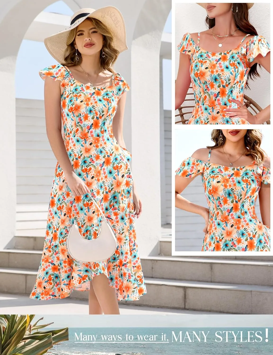 Aupuls Women Off Shoulder Summer Floral Dress 2025 Casual Beach Boho Ruffle Midi Dresses