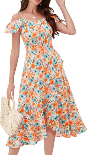 Aupuls Women Off Shoulder Summer Floral Dress 2025 Casual Beach Boho Ruffle Midi Dresses