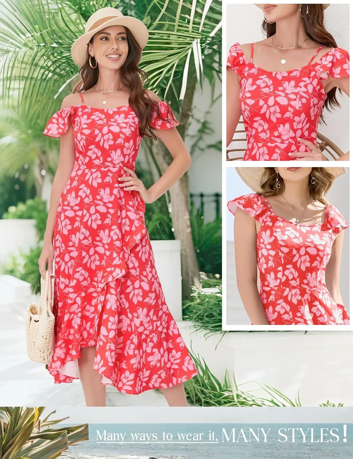 Aupuls Women Off Shoulder Summer Floral Dress 2025 Casual Beach Boho Ruffle Midi Dresses