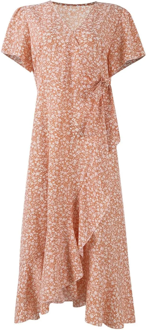 BAXLIMEK Floral Dress for Women,2025 Summer Elegant V Neck Short Sleeve Midi Dress Flowy Ruffle Irregular Hem Boho Sundress