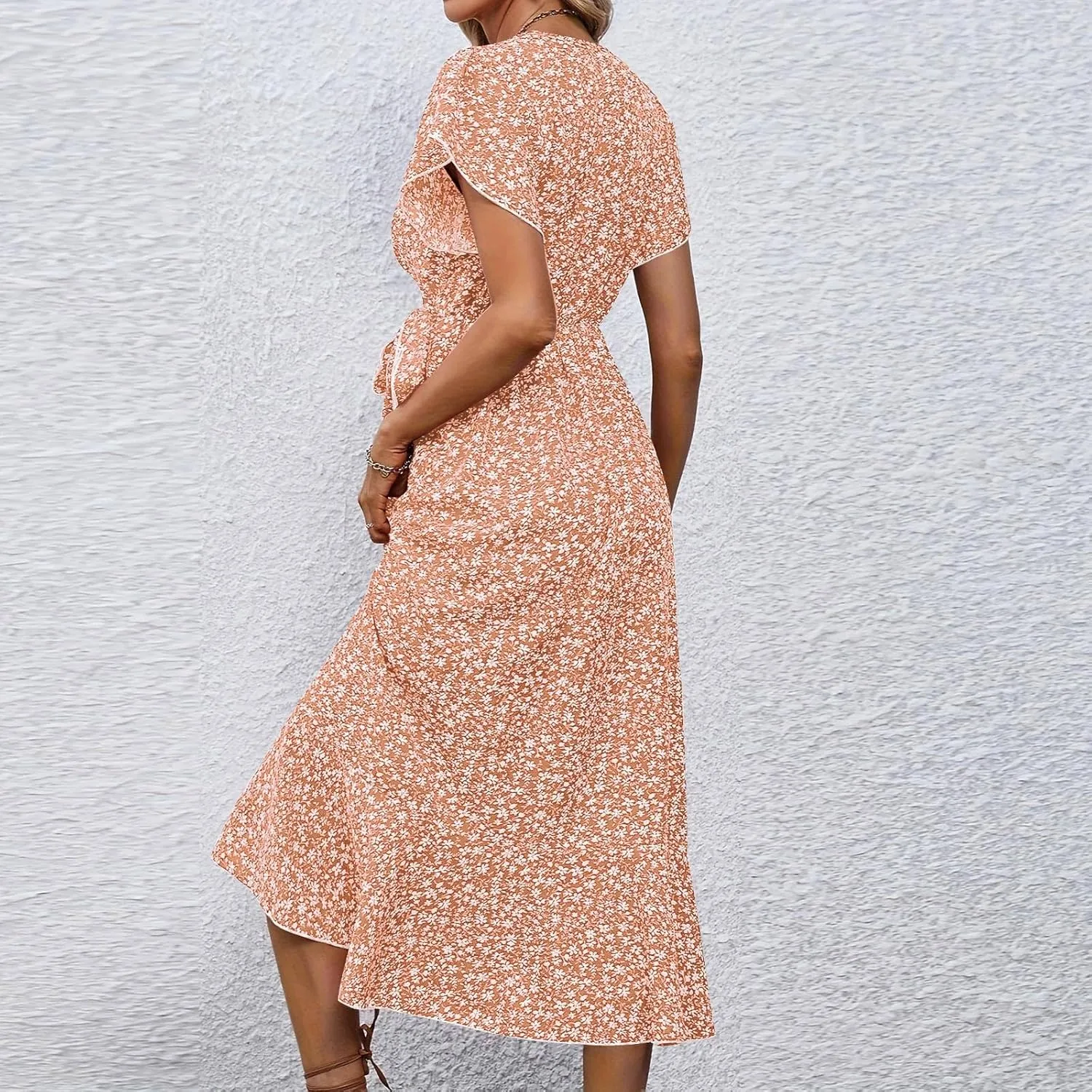 BAXLIMEK Floral Dress for Women,2025 Summer Elegant V Neck Short Sleeve Midi Dress Flowy Ruffle Irregular Hem Boho Sundress