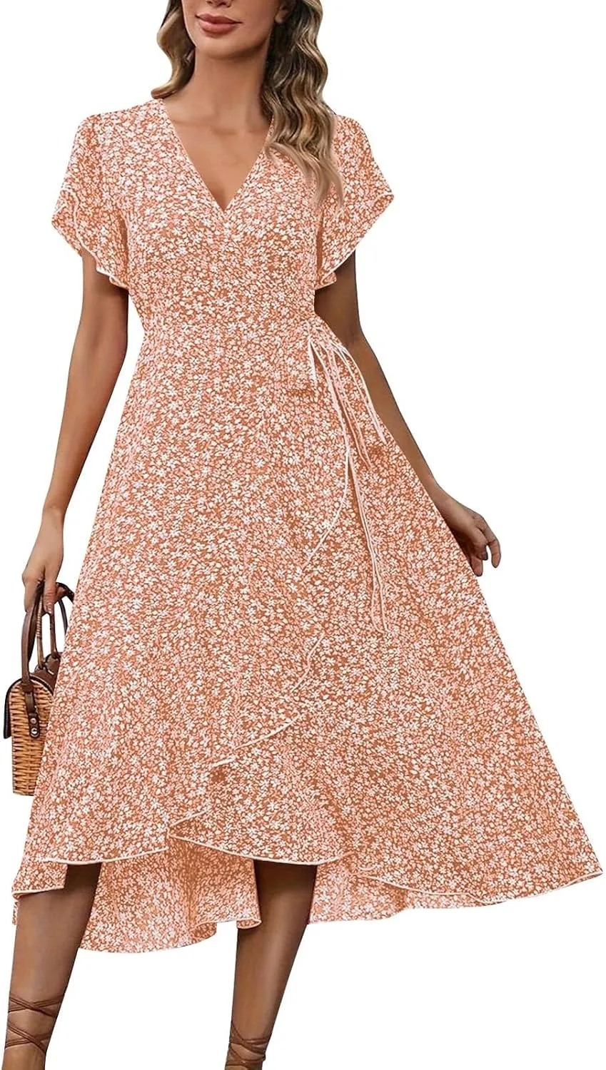 BAXLIMEK Floral Dress for Women,2025 Summer Elegant V Neck Short Sleeve Midi Dress Flowy Ruffle Irregular Hem Boho Sundress