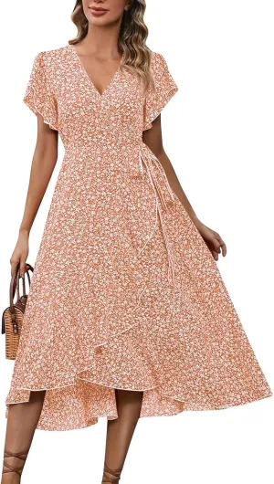 BAXLIMEK Floral Dress for Women,2025 Summer Elegant V Neck Short Sleeve Midi Dress Flowy Ruffle Irregular Hem Boho Sundress