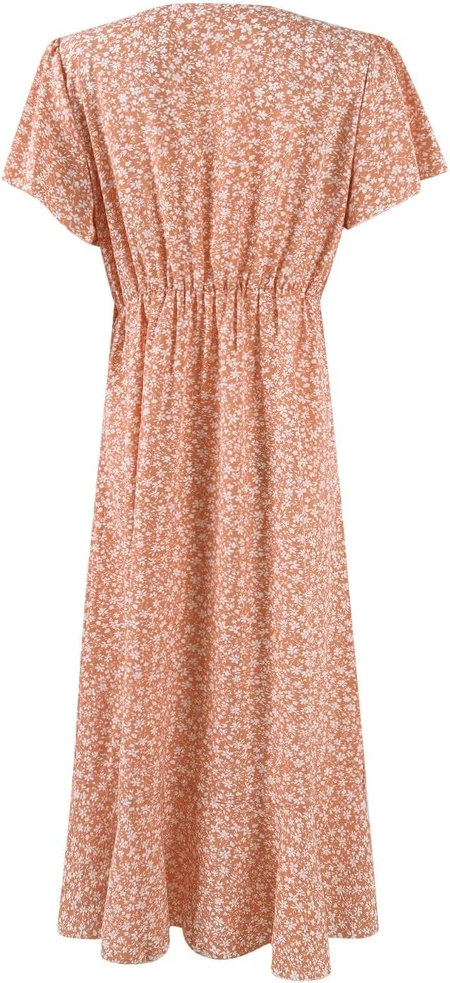 BAXLIMEK Floral Dress for Women,2025 Summer Elegant V Neck Short Sleeve Midi Dress Flowy Ruffle Irregular Hem Boho Sundress