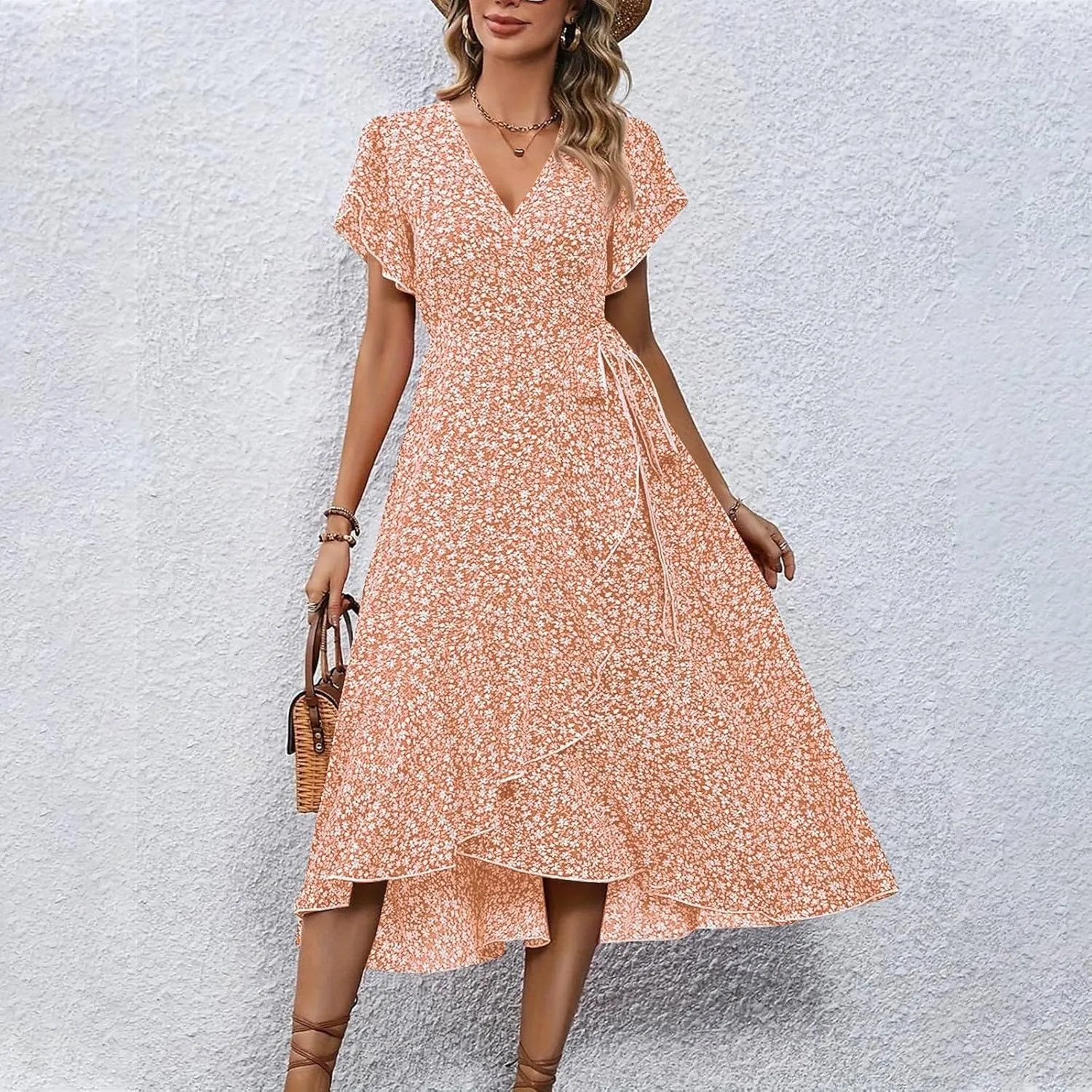 BAXLIMEK Floral Dress for Women,2025 Summer Elegant V Neck Short Sleeve Midi Dress Flowy Ruffle Irregular Hem Boho Sundress