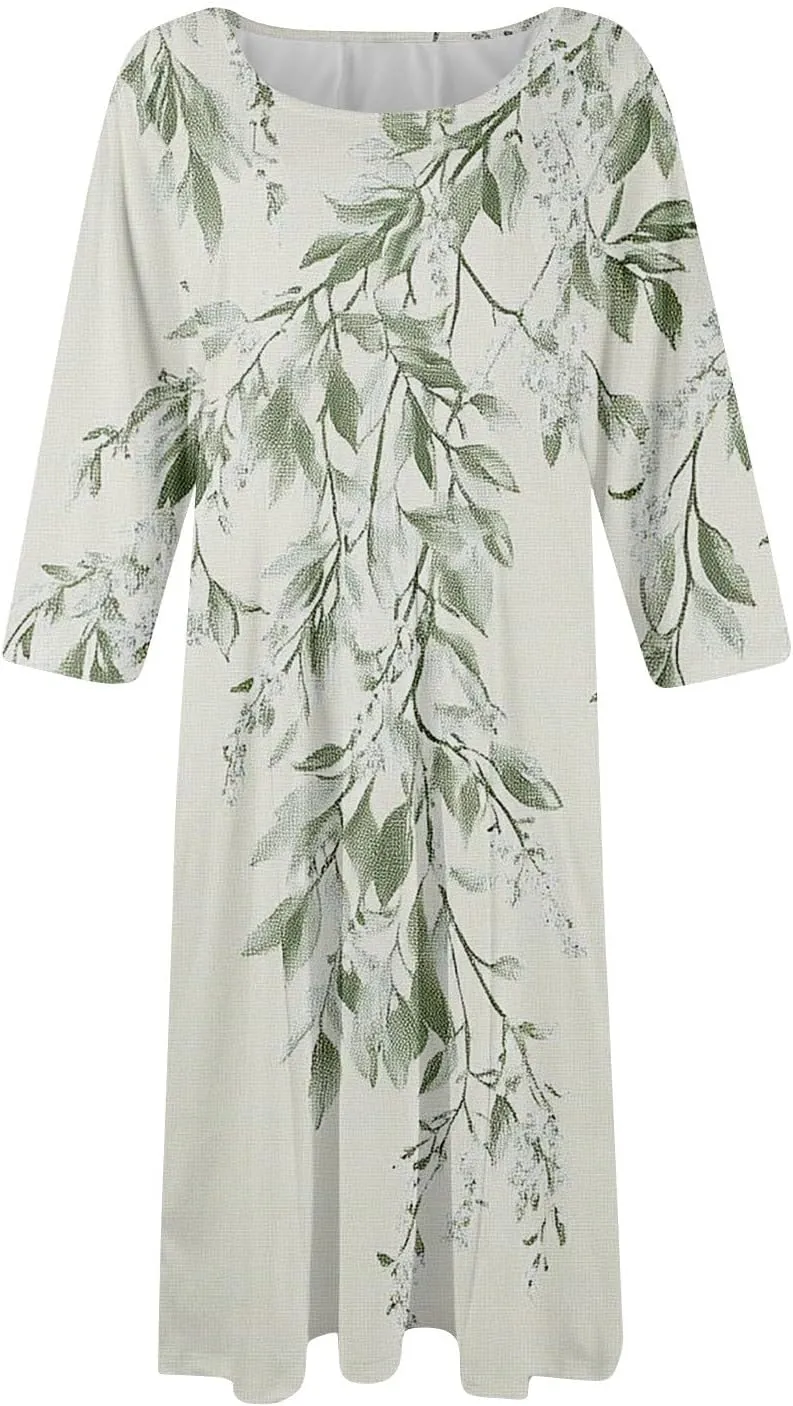 Beach Dresses for Women Summer 3/4 Sleeve Wrap Dress High Waist Plus Size Floral Dress Spring Flowy Dress with Pocket