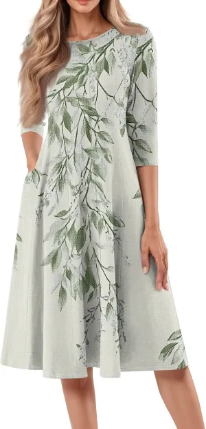 Beach Dresses for Women Summer 3/4 Sleeve Wrap Dress High Waist Plus Size Floral Dress Spring Flowy Dress with Pocket