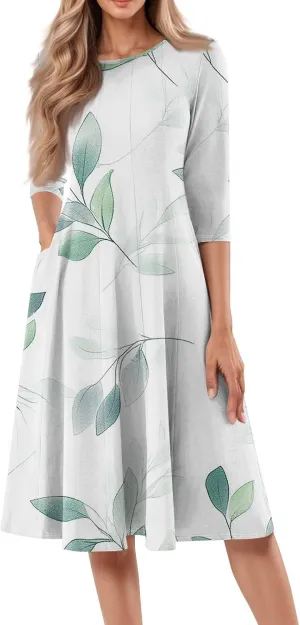 Beach Dresses for Women Summer 3/4 Sleeve Wrap Dress High Waist Plus Size Floral Dress Spring Flowy Dress with Pocket