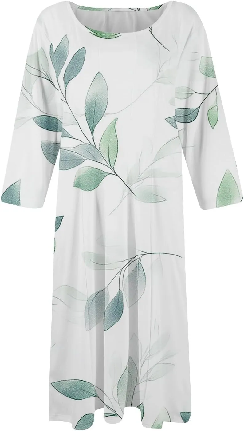 Beach Dresses for Women Summer 3/4 Sleeve Wrap Dress High Waist Plus Size Floral Dress Spring Flowy Dress with Pocket