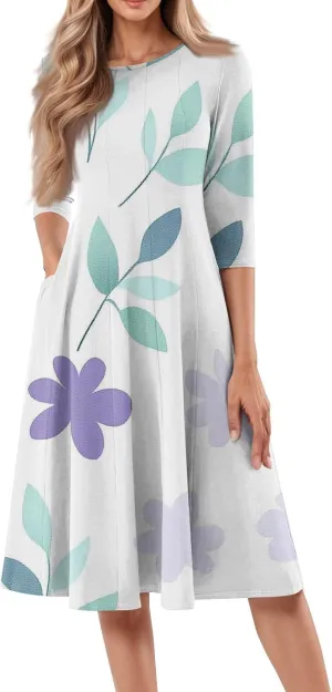 Beach Dresses for Women Summer 3/4 Sleeve Wrap Dress High Waist Plus Size Floral Dress Spring Flowy Dress with Pocket