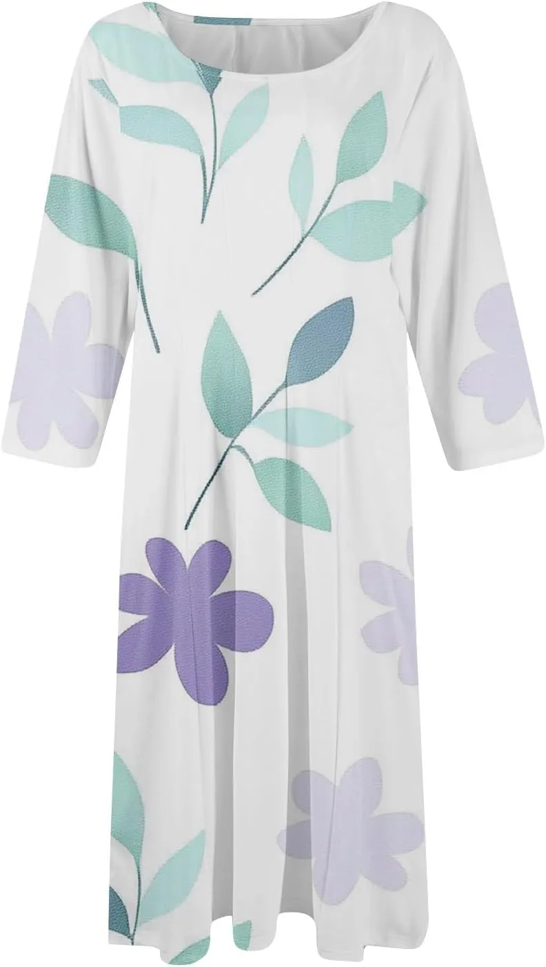 Beach Dresses for Women Summer 3/4 Sleeve Wrap Dress High Waist Plus Size Floral Dress Spring Flowy Dress with Pocket